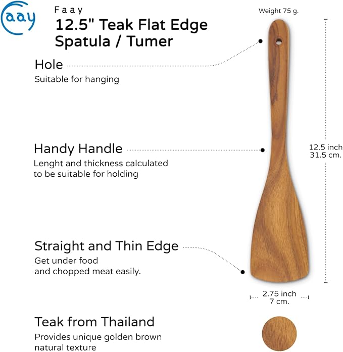 FAAY Teak Wooden Turner, Saute Paddle, Spatula, Compact - XL Size, Healthy and High Moist Resistance for Non Stick Cookware (12 Inch Flat Edge Spatula)