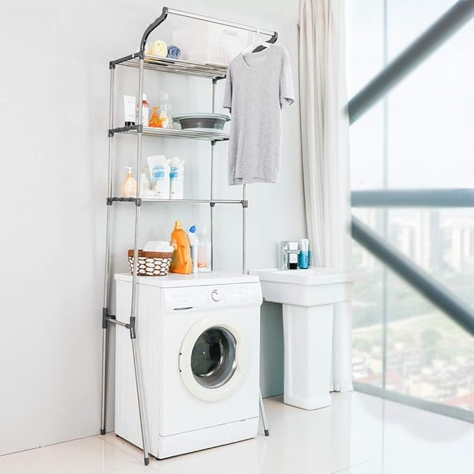 BAOYOUNI 3-Tier Over The Laundry Shelf Above Toilet Washing Machine Dryer Storage Utility Rack Clothes Hanger Rod Standing Bathroom Organization Space Saving Shelving Units, Grey