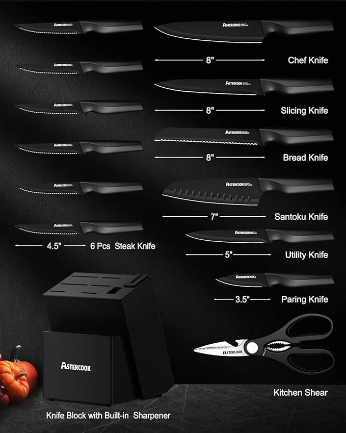 Astercook Knife Set, Kitchen Knife Set with Built-in Sharpener Block, Dishwasher Safe, 15 Pieces German Stainless Steel Knife Block Set, Black