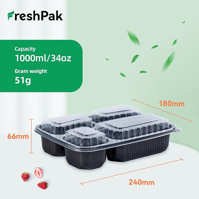 Meal Prep Container Reusable 40 Pack 34oz - Shrink Wrap Leakproof | Portion Control Leftover Plastic Food Containers with Lid | BPA Free Freezer & Microwave Safe | 4 Compartment Takeout Boxes