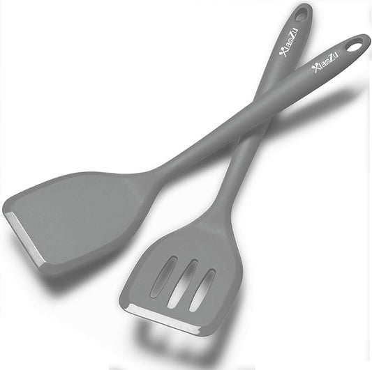 Silicone Spatula Turner Set, High Heat Resistant Spatulas with Seamless One Piece Design, Nonstick Rubber Flippers Utensils for Baking & Cooking,BPA-Free, 2 pack,Black (Grey)