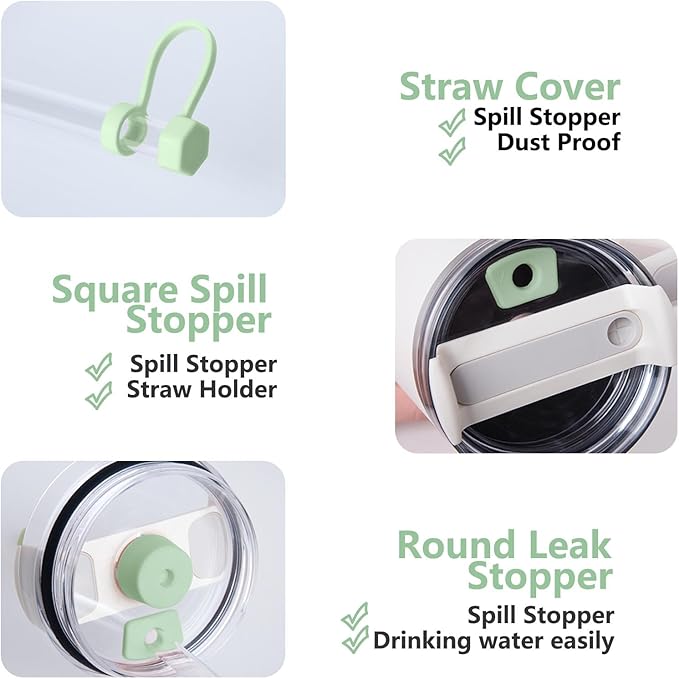 Silicone Spill Stopper Set Compatible with Stanley Cup 2.0 30oz & 40oz with Straw Cover (Set of 2, Matcha)