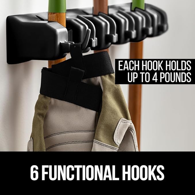 GORILLA GRIP Wall Mount Hook Fixture, Also Includes Slots to Hold Mop, Broom, Tools, Easy Install, Organize Cleaners, Tools, Home, Kitchen, Garage, 6 Hooks 5 Slots, Black