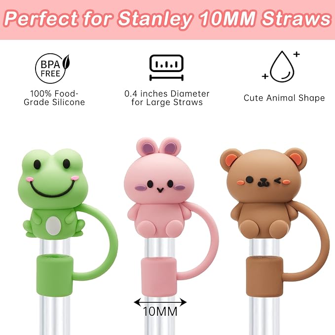 5PCS Straw Cover Cap for Stanley Cup, Silicone Cute Animal Straw Topper for Stanley 30&40 Oz Tumbler with Handle, 10mm 0.4in Dust-Proof Reusable Straw Tips Lids.(Color 1)