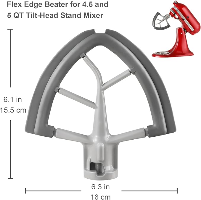 Flex Edge Beater for KitchenAid Tilt-Head Stand Mixer, 4.5-5 Quart Flat Beater Paddle with Flexible Silicone Edges Bowl Scraper, Grey