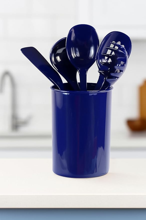 Reston Lloyd 6 Piece Kitchen Utensil Holder for Kitchen Counter, Utensils Crock with Heat Resistant Spoon, Slotted Spoon, Ladle, Spatula BPA Free, Indigo
