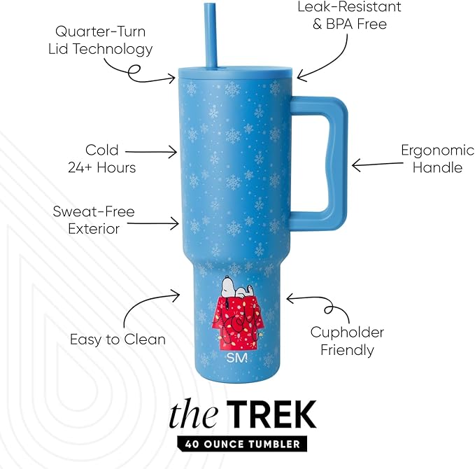 Simple Modern Peanuts 40 oz Tumbler with Handle and Straw Lid | Insulated Reusable Stainless Steel Water Bottle Travel Mug | Gifts for Women Men | Trek Collection | 40oz | Snoopy Snow