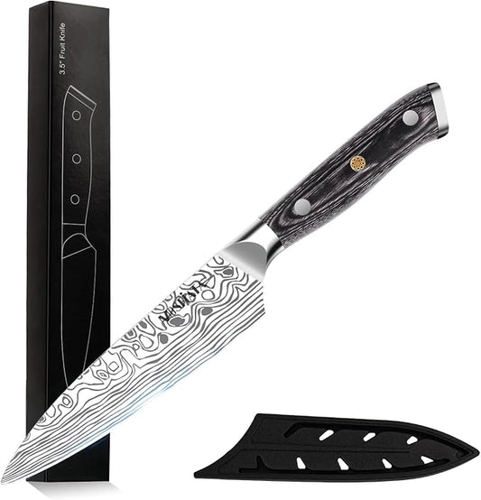 MOSFiATA 4 Inch Paring Knife, Kitchen Knife Fruit Knives with Sheath, German High Carbon Stainless Steel EN1.4116 Precision Cooking Vegetable Knife for Carving, Peeling, Trimming