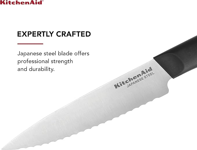 KitchenAid Classic Serrated Utility Knife with Custom Fit Blade Cover, 8 inch, Sharp Kitchen Knife, High Carbon Japanese Stainless Steel Blade, Black
