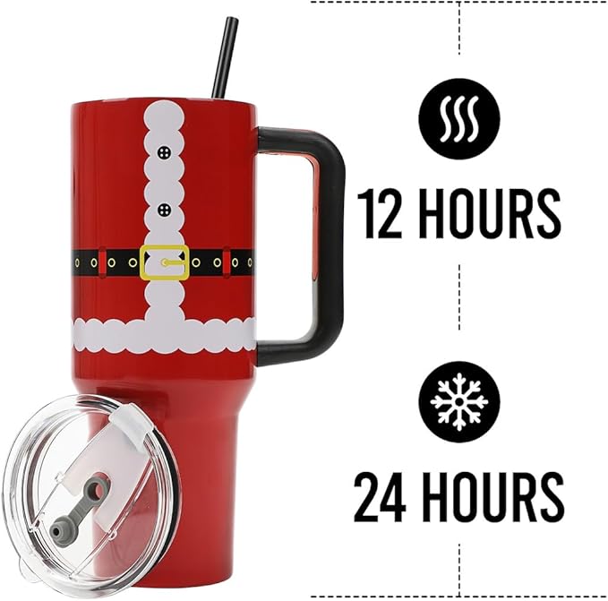Bioworld Santa Suit Vacuum Insulated 40 Oz. Stainless Steel Tumbler with Reusable Straw & Leak-Proof Lid, Easy Carry Handle for Travel or Home