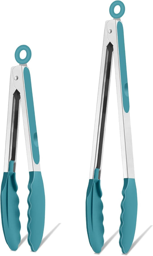 TeamFar Kitchen Tongs, 9" and 12" Stainless Steel Cooking Tongs with Silicone Tips for Cooking Grilling Serving & BBQ, Heat Resistant Silicone Tongs, Locking Design & Dishwasher Safe, Set of 2 & Blue