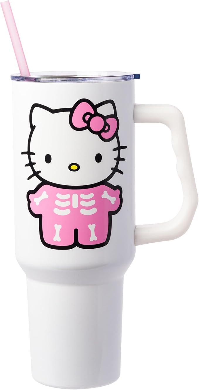Silver Buffalo Sanrio Hello Kitty Halloween Spooky Skeleton Costume Stainless Steel Tumbler with Handle and Straw, Fits in Standard Cup Holder, 40 Ounces