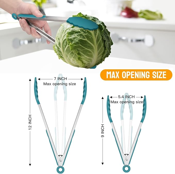 HOTEC Premium Stainless Steel Locking Kitchen Tongs with Silicon Tips, Set of 2-9" and 12", Turquoise