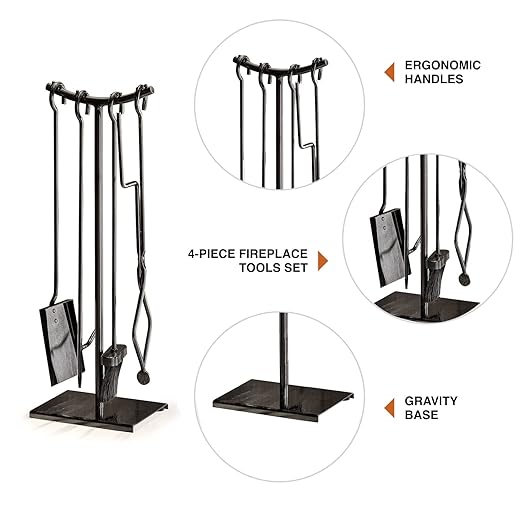 2WAYZ 5-Piece Fireplace Tools Set - Modern Glossy Finish Black Fireplace Accessories - Includes Tongs, Fire Poker, Shovel, and Brush - Powder-Coated Cast Iron Fire Pit Tools for Chimney - 25x9x2-Inch