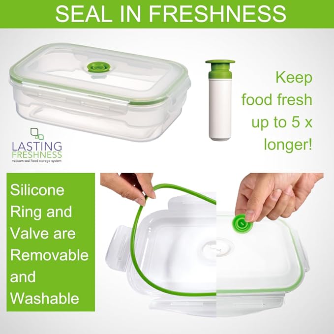 Lasting Freshness Vacuum Seal Food Storage Containers with Hand Pump – BPA-Free Plastic, Airtight Meal Prep & Leftovers Containers, Keep Food Fresh 5X Longer, 19-Piece Set