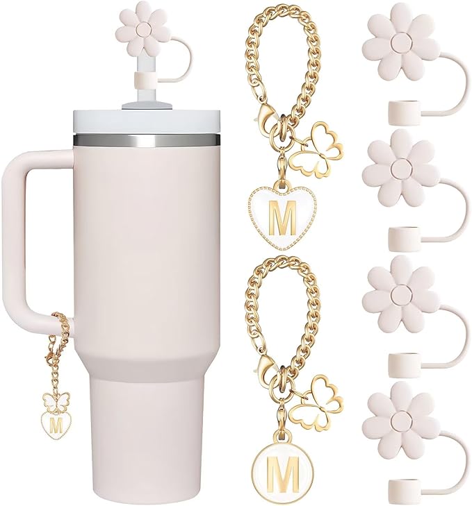 Compatible with Stanley Cup Accessories, 2PCS Butterfly Letter Charms with 4PCS 10mm Stanley Straw Cover Cap for Stanley Cup 30&40 Oz, Silicone Stanley Straw Toppers for Stanley Tumbler(M)