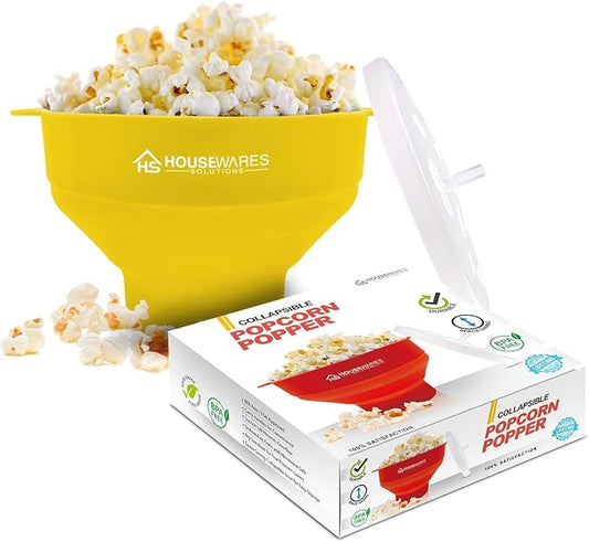 Collapsible Silicone Microwave Hot Air Popcorn Popper Bowl With Lid and Handles (Yellow)