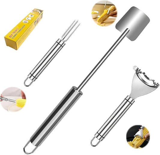 3 Pcs Upgraded Stainless Steel Corn Kitchen Tool set Corn Peeler, Corn Stripper and Corn Holder, The Ideal Gadget for Corn on the Cob in 3 Seconds BCMON