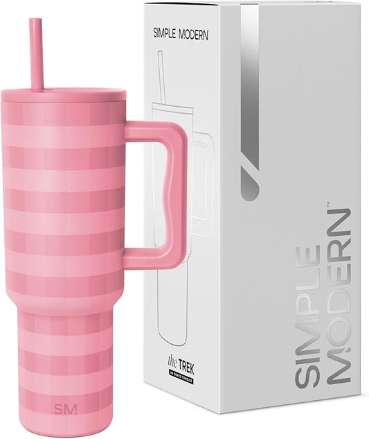 Simple Modern 40 oz Trek Tumbler with Handle and Straw Lid | Cup Holder Friendly Insulated Stainless Steel Travel Mug | Velvet Pink Gingham