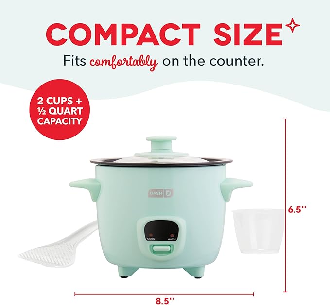 DASH Mini Rice Cooker Steamer with Removable Nonstick Pot, Keep Warm Function & Recipe Guide, .5 Quart, for Soups, Stews, Grains & Oatmeal - Aqua
