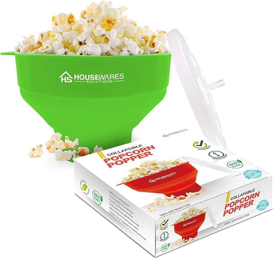 Collapsible Silicone Microwave Hot Air Popcorn Popper Bowl With Lid and Handles - Green
