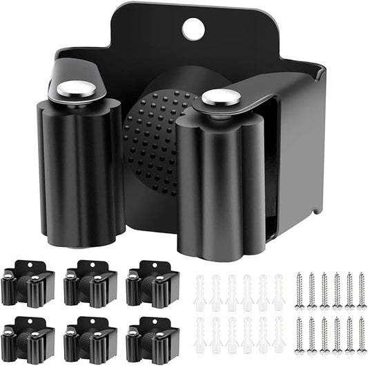 Verdenu 6 Pack Broom Holder, Stainless Steel Command Broom Holder with Screws, Garden Tool Rack for Kitchen, Home, Bathroom, Garage Storage, Black