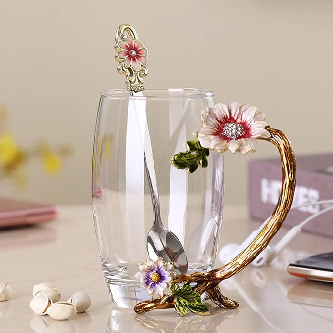 Enamel Sunflower Crystal Lead-Free Glass Tea Cup with Spoon Set, Present for The Christmas, Valentine's Day.Best Present for Mother, Grandma, Girlfriend, Sister.