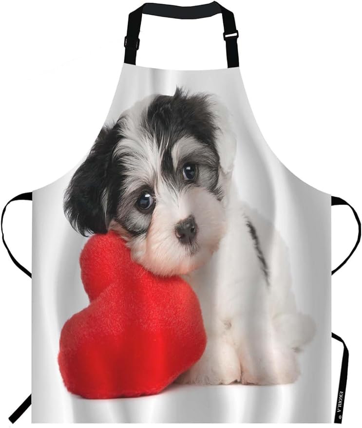 EKOBLA Puppy Dog With A Red Heart Aprons Cute Funny Adorable Animal Romantic Valentine's Day Waterproof Resistant Chef Cooking Kitchen BBQ Adjustable Aprons for Women Men 27x31 Inch