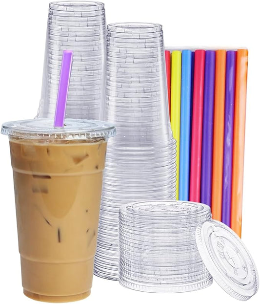 GUSTO [24 oz. - 100 Count Clear Cups with Flat Lids & Straws - Disposable Clear Drinking Cups for Iced Coffee, Cold Drinks, Milkshakes, and Smoothies - Formerly Comfy Package