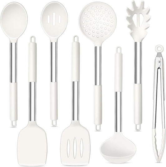 TeamFar Kitchen Utensils, 8PCS Cooking Silicone Utensils Kitchen Tool Kit with Stainless Steel Handle, for Nonstick Cookware Cooking Stirring Turning, Food Grade & Heat Resistant, Dishwasher Safe