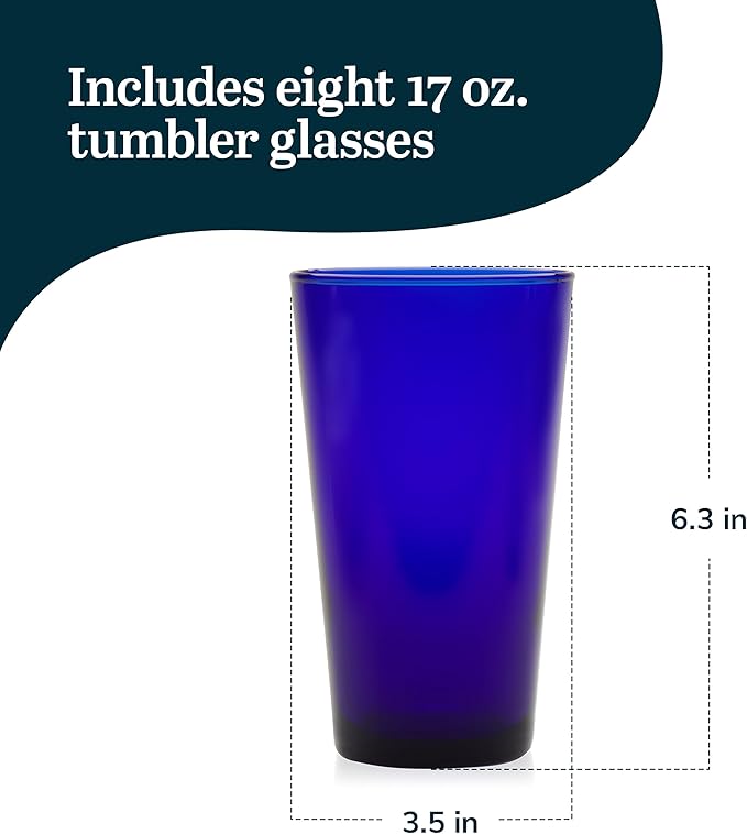 Libbey Cobalt Blue Drinking Glasses, Classic Design Flare Tumbler Glasses Set of 8, Dishwasher Safe Glass Drinking Glasses for Beverages