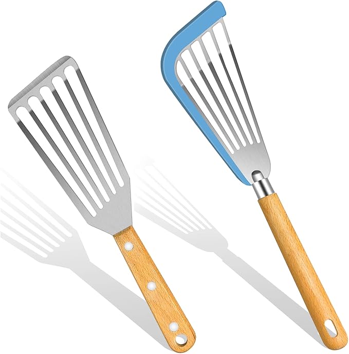Fish Spatula Set for Nonstick Cookware Flexible Metal Fish Spatula Stainless Steel Small Fish Slotted Spatula Turner with Wood Handle