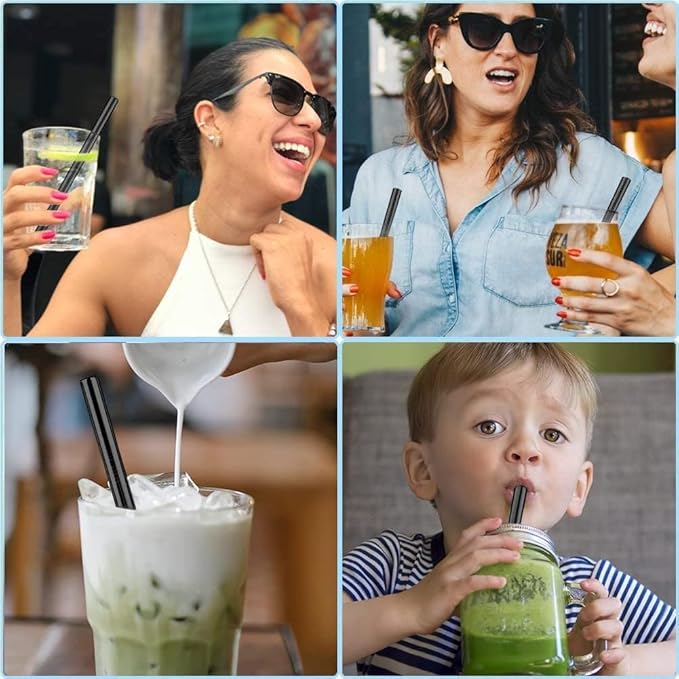 Vinaco Reusable Smoothie Straws & Milkshake Straws 0.4" Wide Mouth Straw, Set of 6 Stainless Steel Straws 8.5"&10.5" with 1 Long Straw Cleaner Brush，Black Metal Straws for Jumbo Thicker Drinks