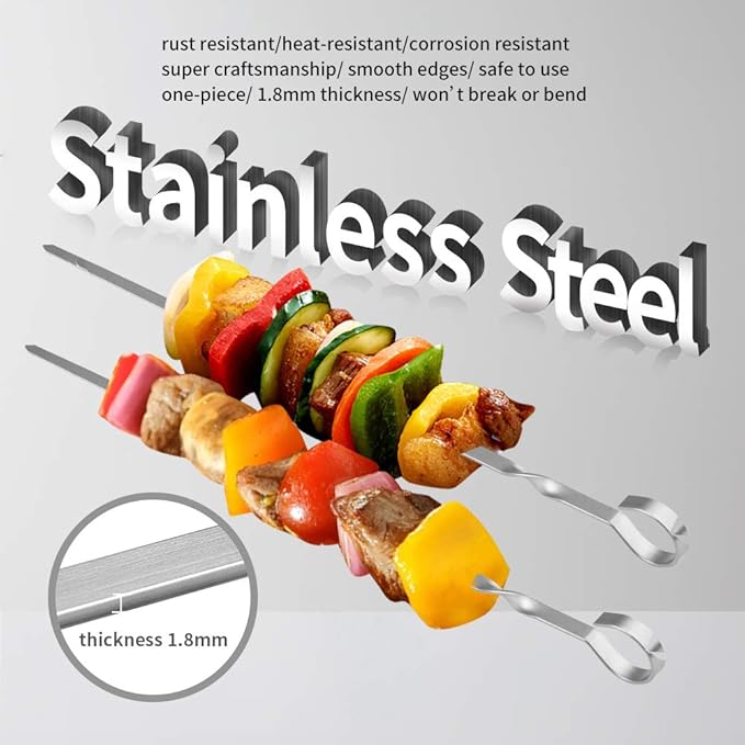 Skewers for Kabobs, 12" Metal Kebab Skewers for Grilling Flat Long Stainless Steel Kabob Sticks Reusable Grill Shish BBQ Barbecue Sticks for Meat Chicken Vegetable Shrimp, 12 Pack