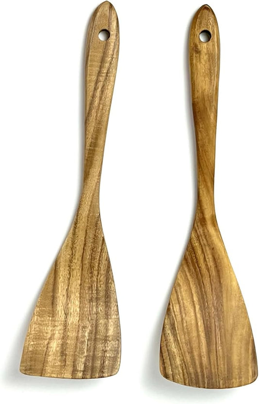 Teak Wood Rigth Handle Flat Turner for Kitchen Use, 2 Pcs Long Wooden Spatula for Cooking, Non Stick Wooden Cooking Utensils Set Flat Spatulas