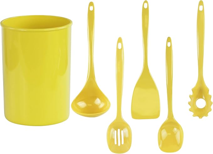 Reston Lloyd 6 Piece Kitchen Utensil Holder for kitchen counter, Utensils crock with Heat Resistant Spoon, Slotted Spoon, Ladle, Spatula BPA Free, Lemon