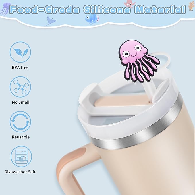 9PCS Straw Covers for Stanley Cup Tumbler 30 oz / 40 oz Leak Proof Straw Toppers 10mm Silicone Sea Animal Caps for Stanley Cup Accessories-Marine Wildlife
