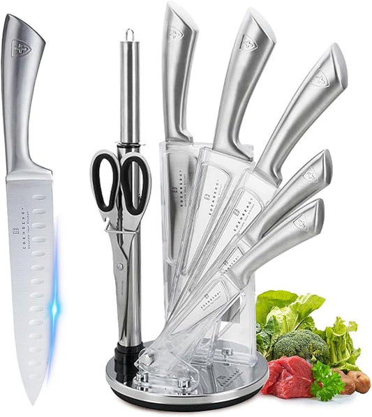 Kitchen Knife Set, Retrosohoo 9-Piece Silver Sharp Non-Stick Coated Chef Knives Block Set,Stainless Steel Knife Set for Kitchen with Sharpener for Cutting Slicing Dicing Chopping (Silver)