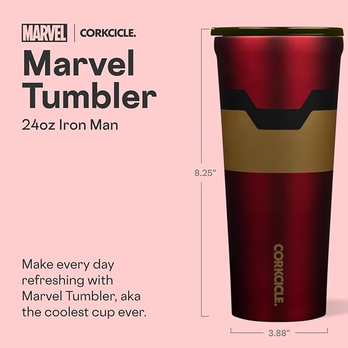 Corkcicle Disney Tumbler - Triple-Insulated Stainless Steel - Keeps Drinks Cold 9 Hours - Spill-Proof Lid - Reusable - Summer Drinkware Gift - Keeps Drinks Ice Cold - 24 oz - Iron Man