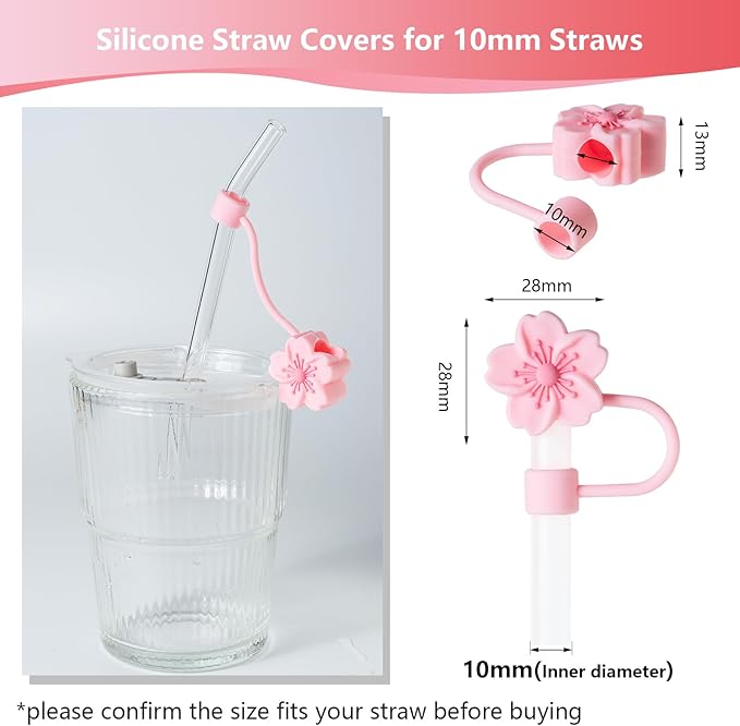6Pcs Flowers Silicone Straw Cover Cap for Pink Stanley Cup, 0.4in Cute Straw Topper Accessories for 40 oz/30 oz Stanley Tumbler, Portable Protector Plugs Valentines Decor Gifts for Kids Party Favors