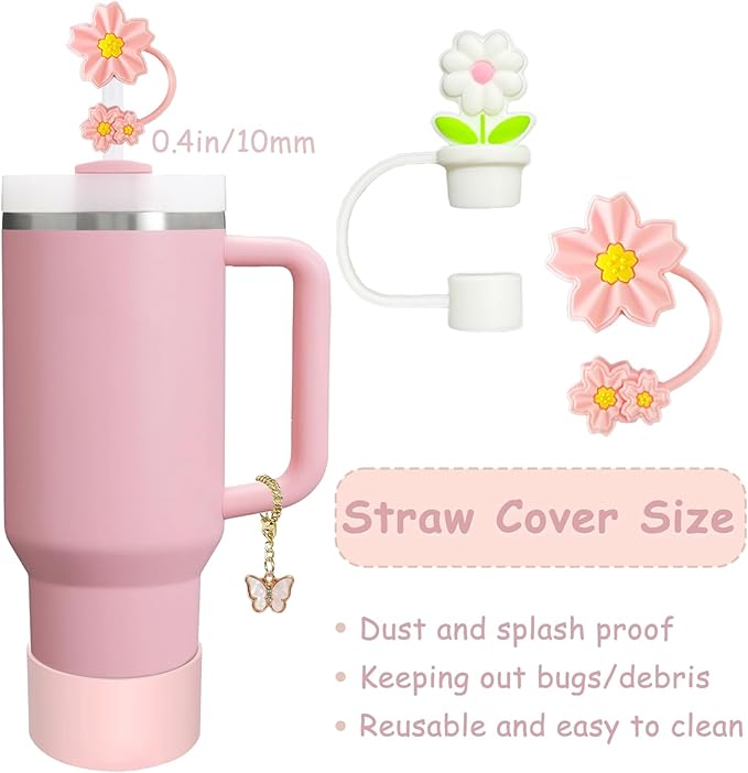 Stanley Cup Accessories Set,Including 2 Pcs 0.4in Straw Cover, 1 Silicone Spill-Proof Stopper Set of 3, 1 Cute Butterfly Handle Charm, 1 Silicone Boot Fits Stanley 40&30 Oz Tumbler (Pink)