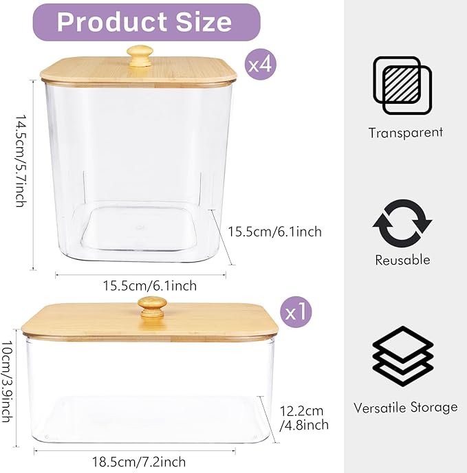 4+1 Pack Laundry Room Organization Containers,Clear Laundry Pods Container,Large Laundry Detergent Powder Storage Containers with Wooden Lids & Labels,Laundry Pods Holder for Scent Booster,Powder,Pods