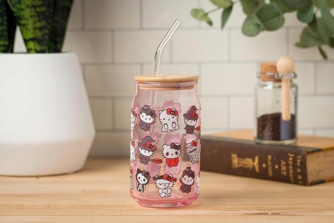 Silver Buffalo Sanrio Hello Kitty and Friends Halloween Spooky Costumes Ghost Witch Vampire Zombie Frankenstein Skeleton Pink Glass Jar Tumbler with Bamboo Lid and Glass Straw, 16 Ounces (Pack of 12)