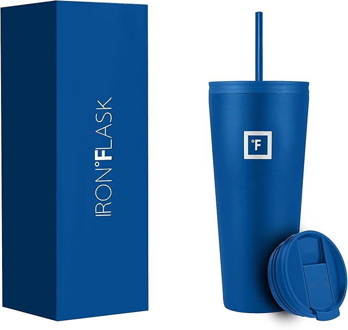 IRON °FLASK Classic Tumbler - Vacuum Insulated Stainless Steel Water Bottle, Double Walled, Drinking Cup, Insulated Travel Mug (Cobalt, 24 oz Solid Lid)