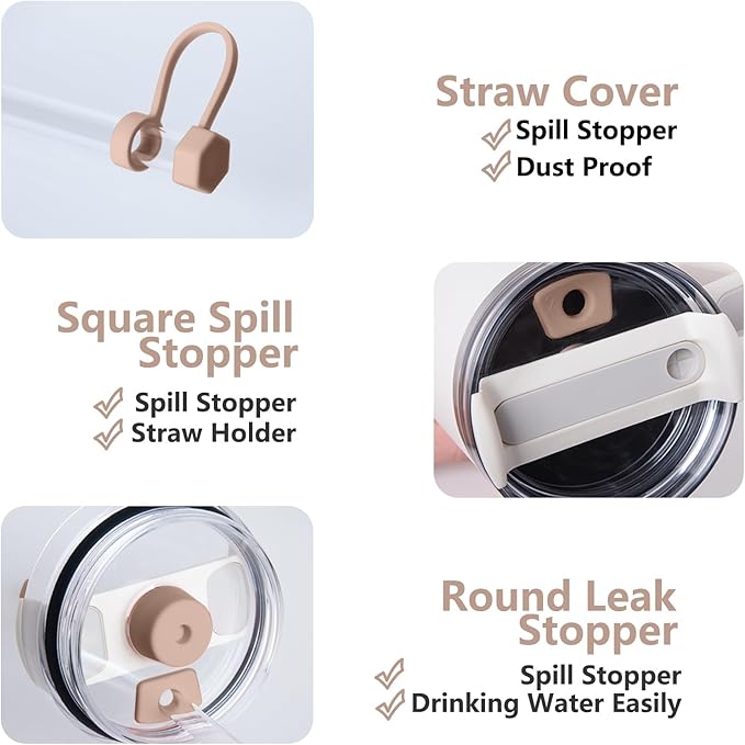 Silicone Spill Stopper Set Compatible with Stanley Cup 2.0 30oz & 40oz with Straw Cover (Set of 2, Almond Rose)