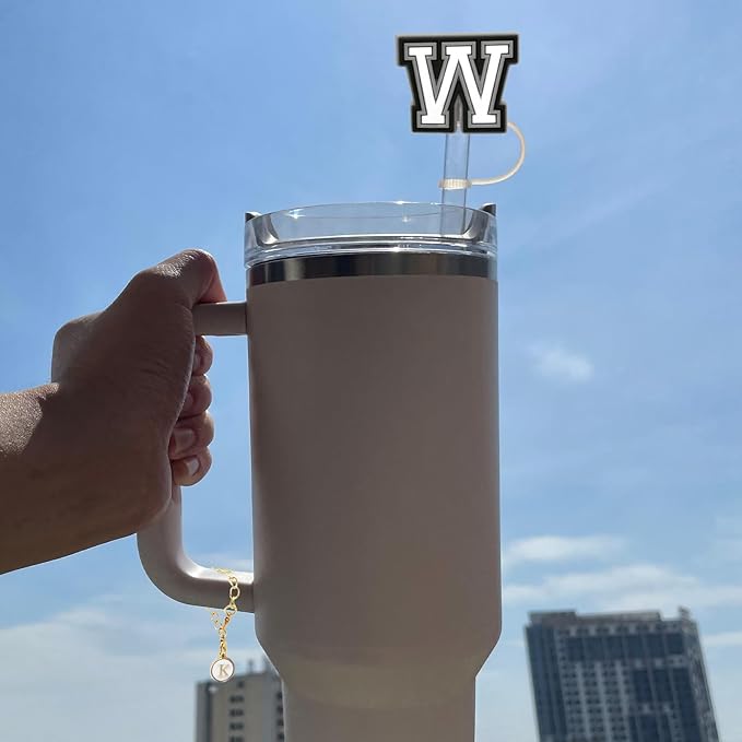 （2+2）2PCS Straw Cover for Stanley Cup 30&40 Oz 10mm Straw Topper with 2PCS Stanley Cup Accessories Letter Charms Name ID Initial Letter Handle Personalized Charm For Stanley Tumbler (Letter N)