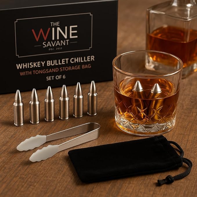 Bullet Whiskey Chillers Stones - Whiskey Rocks by The Wine Savant Set of 6 - Stainless Steel Bullet Shaped Ice Cubes, Gift Box Come, Tongs and Storage Bag, Whiskey or Scotch Rocks (Silver)