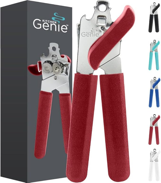 Kitchen Genie Slip Resistant Stainless Steel Manual Can Opener, Sharp Blade for Smooth Edge Cuts, Easily Open Cans, Ergonomic Handles with Easy to Turn Knob, Built-In Bottle Openers, Cherry Red