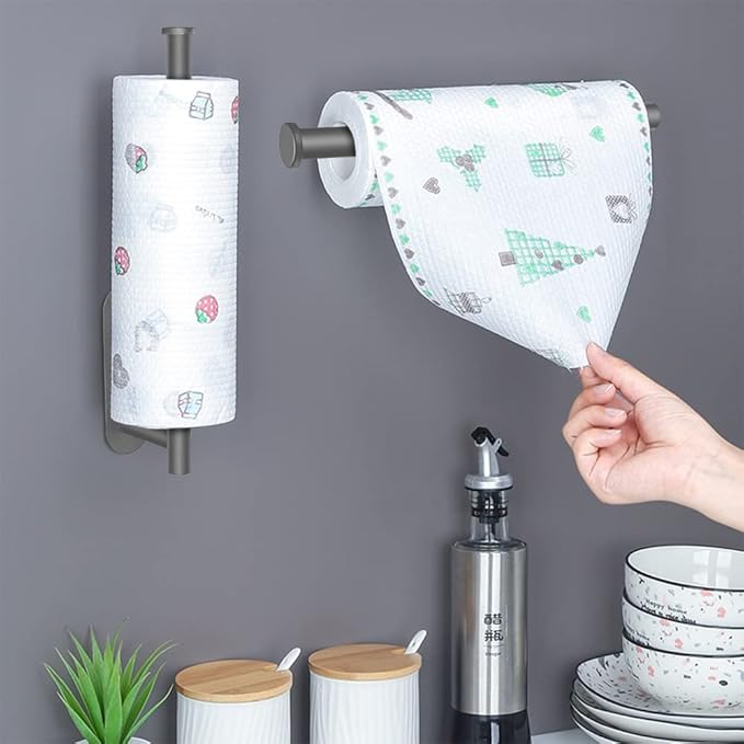 Paper Towel Holder Wall Mount, Self Adhesive Or Drilling Under Cabinet Kitchen, 13.2 inch Stainless Steel Paper Towel Roll Rack, Towel Roll Hanger for Bathroom (Grey, Rectangle)