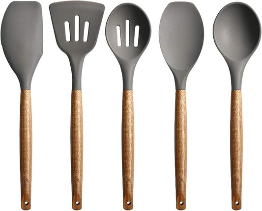 Kitchen Utensils Set, Silicone Cooking Utensils Set,Non-Stick Silicone Spatula Set with Natural Acacia Hard Wood Handle, 5 Piece, Upgraded Thickened Cookware